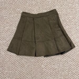 Olive Green Pleated Mini Skirt - Box Pleat Suede-Like Fabric